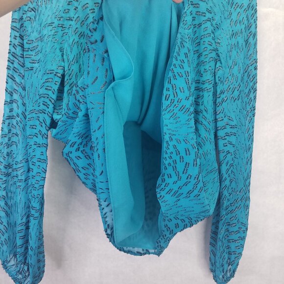 Lilly Pulitzer Caline Blouse Women M Teal Bay Silk Swirl Clip Silver Puff Sleeve - Picture 5 of 16